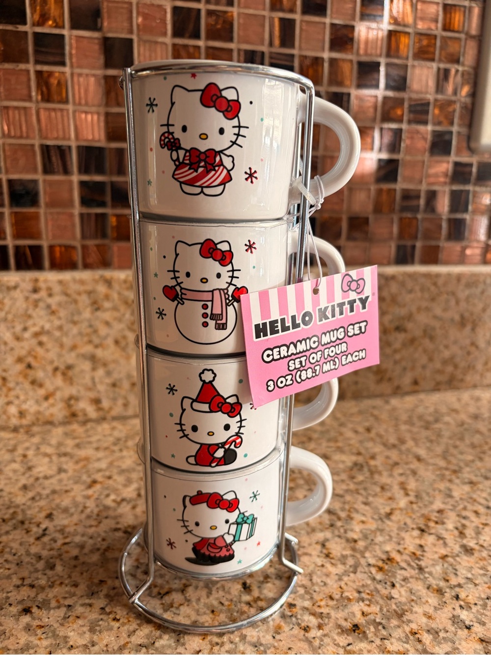 Hello Kitty White Ceramic Stackable Mug Set with Red Accents - 4pc